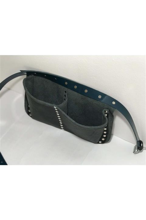 Derin Deri Çivi Önlüğü Mavi Kayışlı