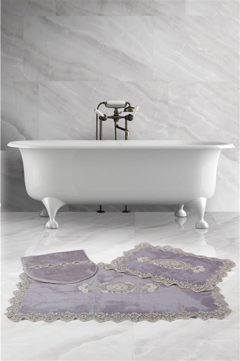 Bonny Home Lisa Köşeli Gri 3'lü Fransız Güpürlü Banyo Halısı Çeyizlik Klozet Takımı Paspas Seti