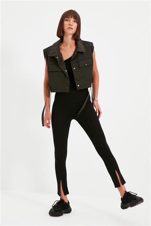 TRENDYOLMİLLA Siyah Yırtmaç Detaylı Örme Tayt TWOAW22TA0004