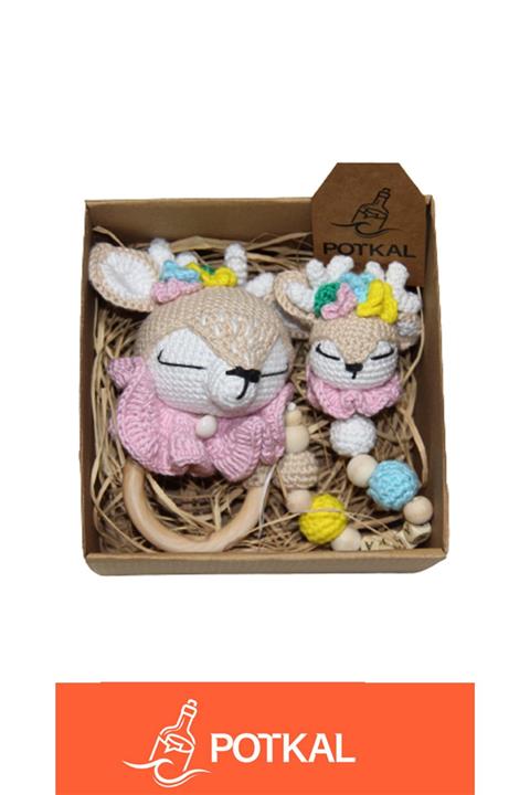 Potkal Hediye Fabrikası Sevimli Geyik Sesli Diş Kaşıyıcı Ve Emzik Zinciri Amigurumi Organik Yeni Doğan Bebek Oyuncak