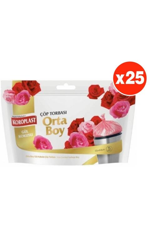 Koroplast Gül Kokulu Orta Boy 15li Çöp Torbası X 25 Paket (55*60 Cm)