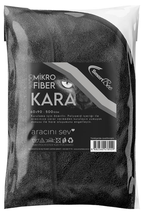 SmartBee Kara Mikrofiber Oto Kurulama Havlusu 60x90cm 500gsm - Siyah