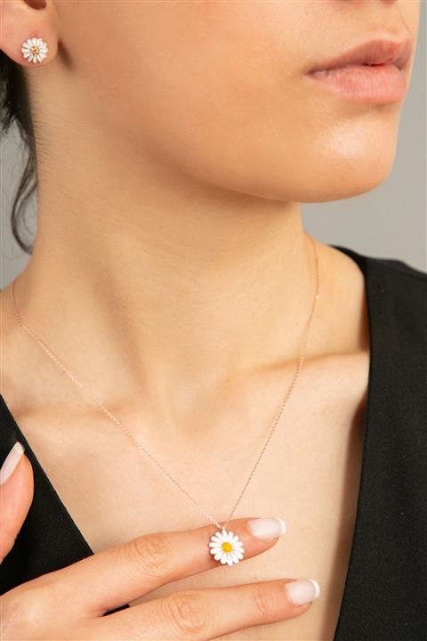 Elika Silver Kadın Mineli Papatya Model 925 Ayar Gümüş Kolye Ve Küpe Set