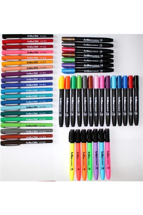 artline Supreme 21 Renk Markör + 7 Renk Kalem Tipi Fosforlu + 20 Renk Fineliner Kalem Seti