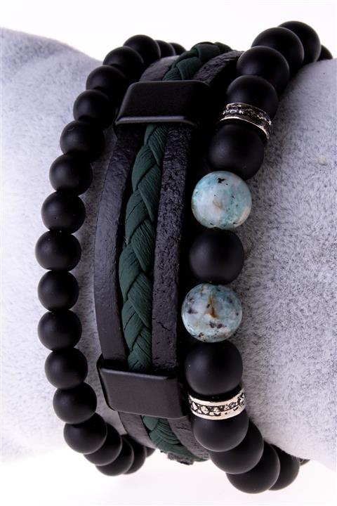 Eyya Accessories 3 Lü Bileklik Seti Doğal Taş, Deri, Onix Bileklik