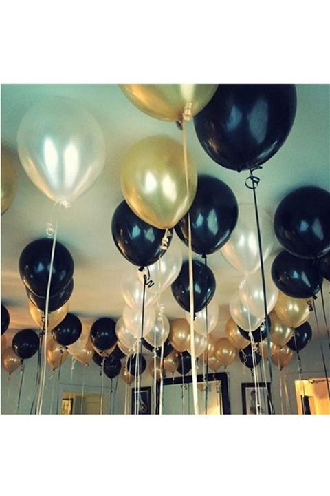 Parti dolabı 30 Adet Metalik Sedefli (Gold-Beyaz-Siyah) Karışık Balon Helyumla Uçan