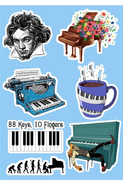 SilverStickers Piyano Temalı Laptop Notebook Kask Çanta Sticker Etiket Seti