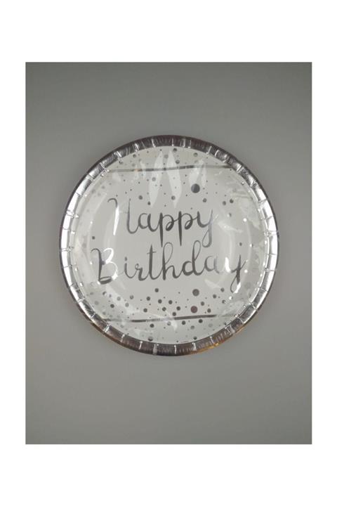 Festivall Party Shopping Silver Happy Birthday Varak Baskılı Karton Tabak Beyaz 23 cm 6'lı