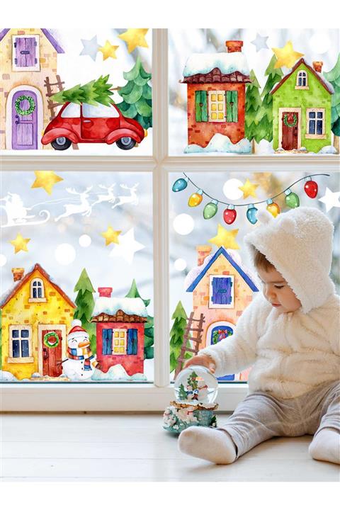 Spacepiks Yılbaşı Karlı Renkli Evler Çocuk Odası Sticker