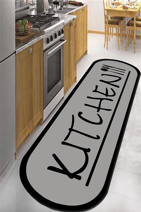 Adella Home Adella Dijital Baskılı Kaymaz Taban Yıkanabilir Içi Gri Kıtchen Yazılı Mutfak Halısı