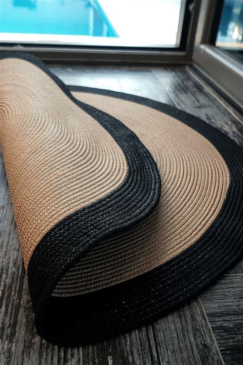 MUGG LİFE Jüt Hasır Yuvarlak Halı Bej Siyah Kilim Paspas Yolluk