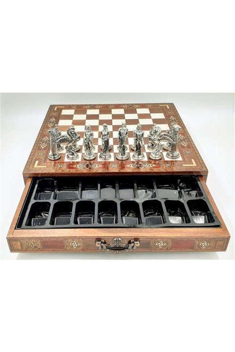 Gift Home Büyük Boy Metal Pegasus Atları Satranç Takımı Parlak Ve El Yapımı Masif Hakiki Sedef Çekmeceli Tahta