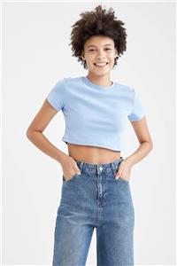 DeFacto Kadın Mavi Coool Basic Slim Fit Kısa Kollu Crop Tişört T9631AZ21AU