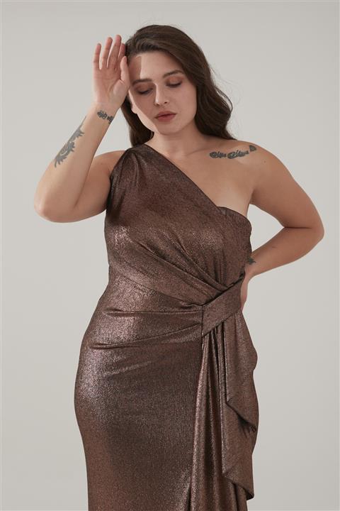 DesireModa Simli Likralı Tek Omuz Yandan Drapeli Yırtmaçlı