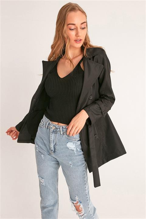 Fulla Moda Kadın Siyah Beli Kuşaklı Trençkot