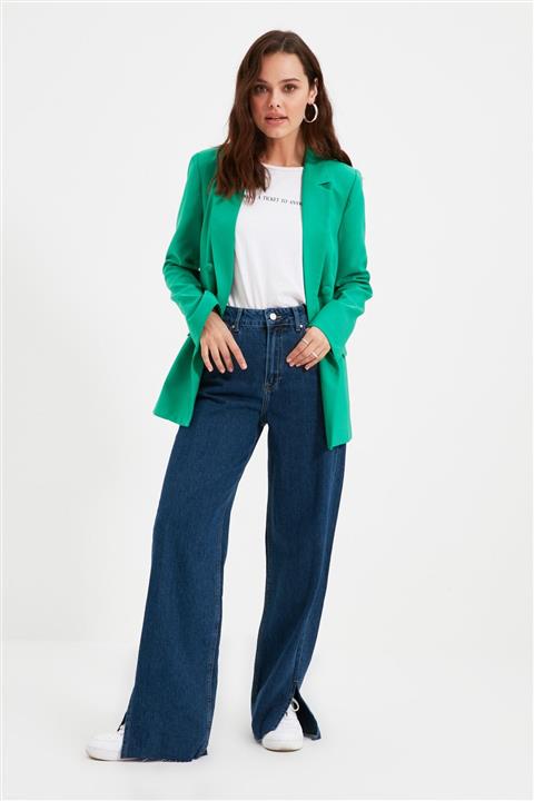 Trendyol Modest Mavi Yırtmaçlı Yüksek Bel %100 Pamuk Wide Leg Jeans TCTAW22JE0340