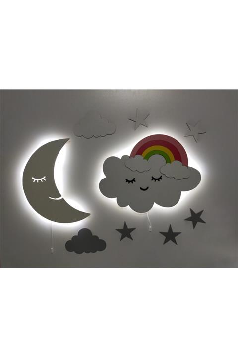 fabrikahşap Çocuk Odası Dekoratif Ahşap Ay Gökkuşağı Bulut Gece Lambası Ledli Aydınlatma