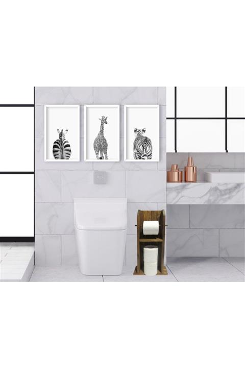 BK Doğal Masif Ahşap Tuvalet Kağıtlığı Ve Dekoratif 3’lü Ahşap Beyaz Çerçeveli Tablo-2