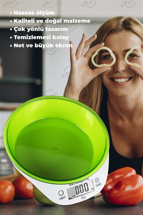 vipgross Hazneli Dijital Ekranlı Hassas Elektronik Mutfak Terazisi Tf 1003 Tartı / Yeşil