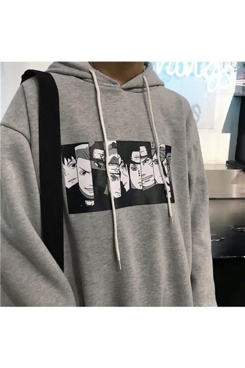 EFBUTİK Gri Kapüşonlu Naruto Anime Sweatshirt