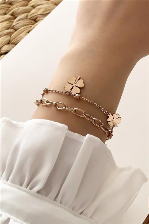 bymissnora Çelik Yonca Bileklik Geçmeli Zincir Model Çelik Bileklik