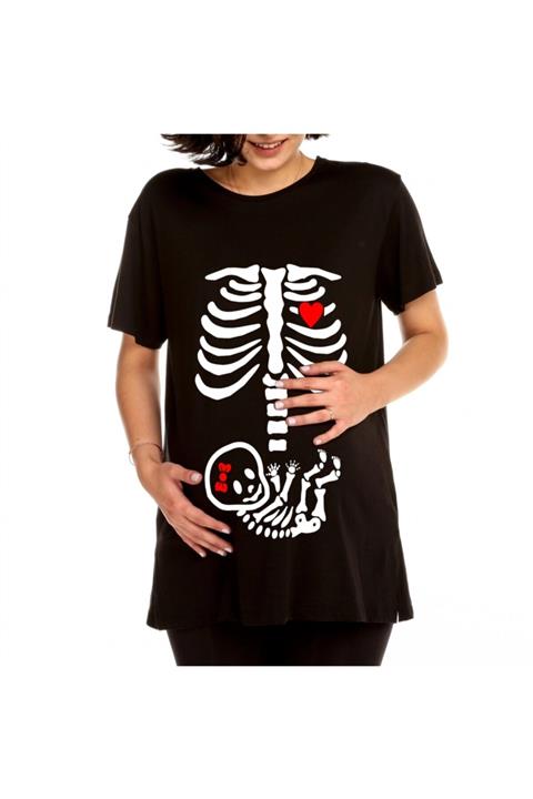 venüsdijital Iskelet Bebiş Baskılı Siyah Hamile Tişörtü