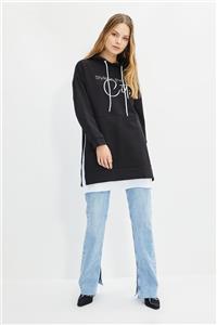 Trendyol Modest Siyah Baskılı İçten T-shirt Çıkmalı Örme Sweatshirt TCTAW22TW0059