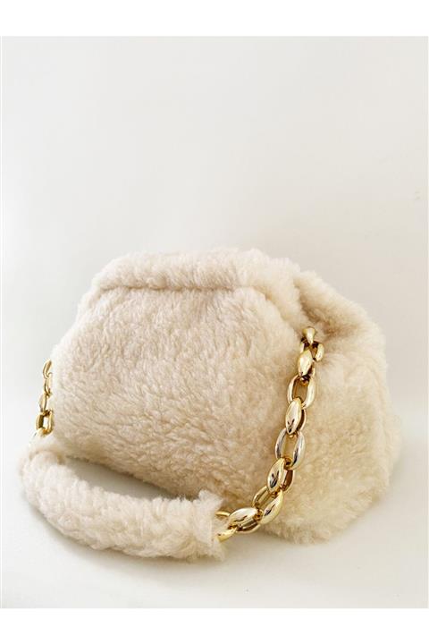 HEYBE'S Kadın Krem Peluş Teddy Zincir Askılı Omuz Çantası