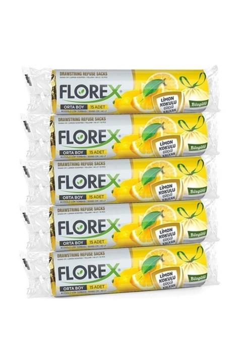 Florex Büzgülü Limon Kokulu Orta Boy Çöp Torbası 55x60 cm 5 Rulo