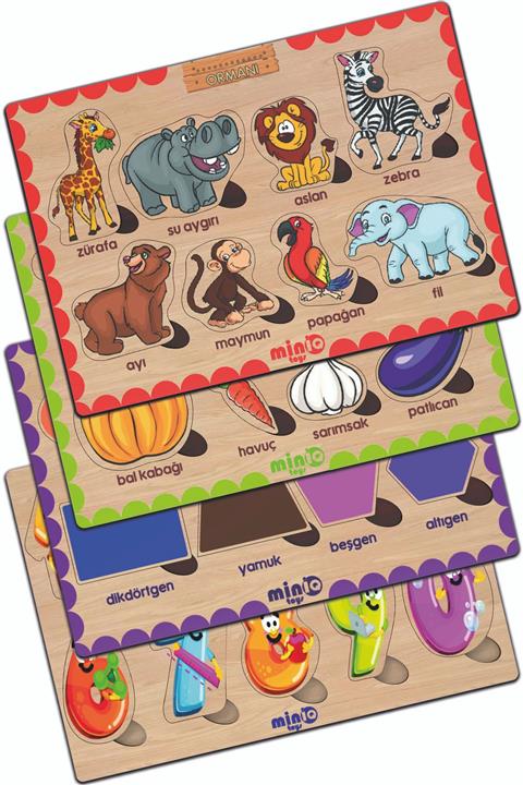 minİQ toys Ahşap Türkçe Orman Hayv.+sebzeler+sekiller+sayilar 4’lü Set Eğitici-öğretici Yapboz