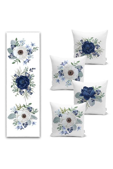 Realhomes Mavi & Beyaz Gül Özel Tasarım 4 Kırlent 1 Runner Seti