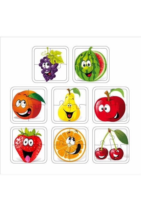 Walldeco 4 Parça 8'li Set Ahşap Çocuk Puzzle Üzüm- Karpuz- Şeftali- Armut- Elma- Çilek- Portakal- Kiraz