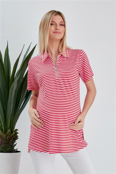 Görsin Hamile Gör&sin Çizgili Yaka Detaylı Mercan Hamile Tişört