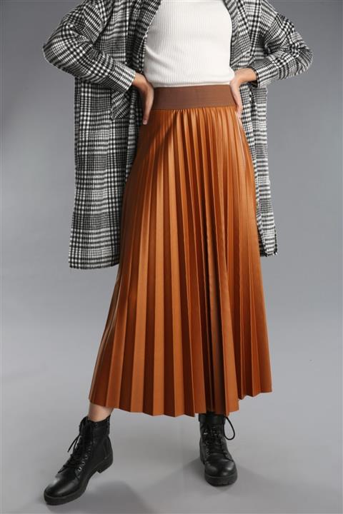 Essah Moda Kadın Taba Deri Görünümlü Piliseli Etek - Me000385