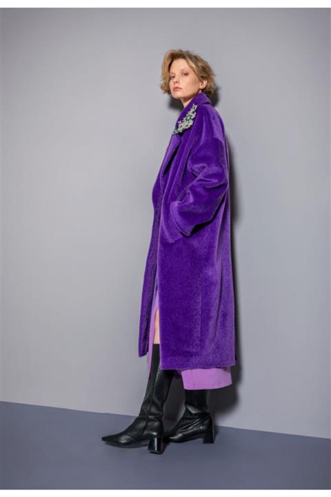 Berrın Yakası Işlemeli Kürk Palto Mor