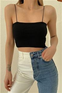 Gergin Kadın Siyah Lastik Askılı Crop Top