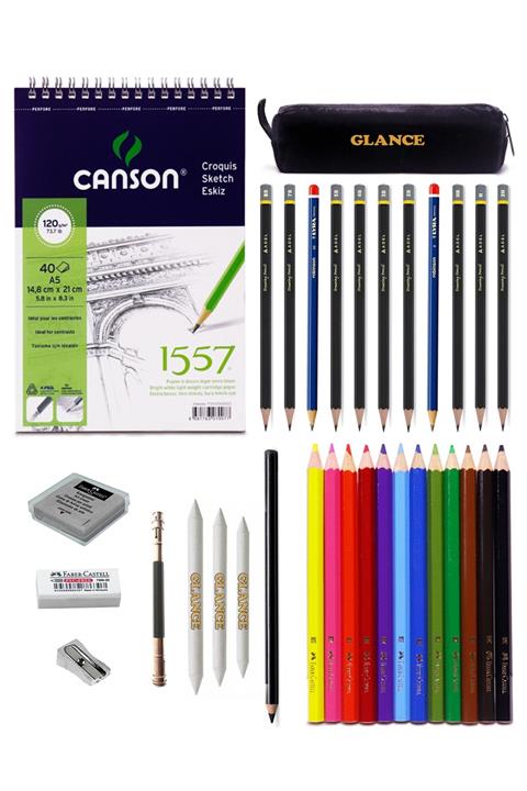 GLANCE Canson 1557 A5 Eskiz Defterli Adel Karakalem Ve Faber Kuruboya Kalemi Çizim Eskiz Seti