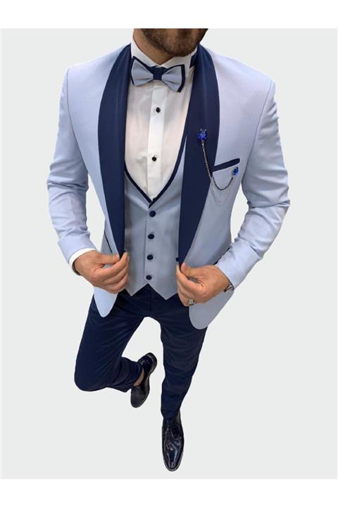PAREZ Erkek Mavi Şal Yaka Slim Fit Damatlık Takım Elbise