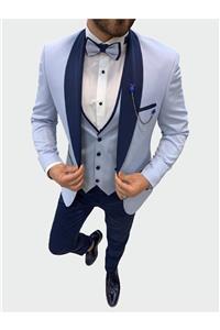 PAREZ Erkek Mavi Şal Yaka Slim Fit Damatlık Takım Elbise