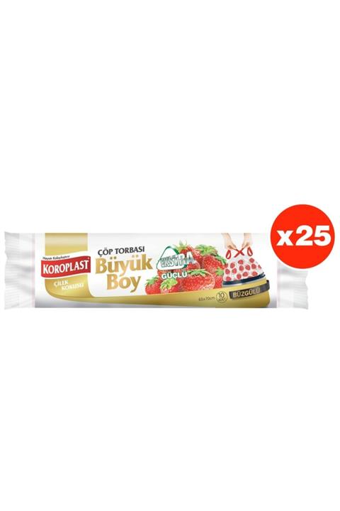Koroplast Ekstra Güçlü Çilek Büzgülü Büyük Boy 10lu Çöp Torbası X 25 Paket (65*70 Cm)