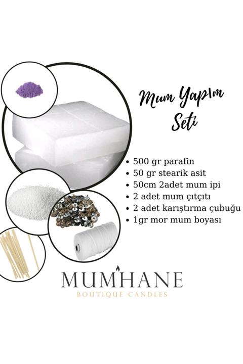Mumhane Mum Yapım Seti,500gr Parafin,50gr Stearik Asit,50cm 2ad Mumipi,2adet Mumçıtçıtı,1gr Mor Boya