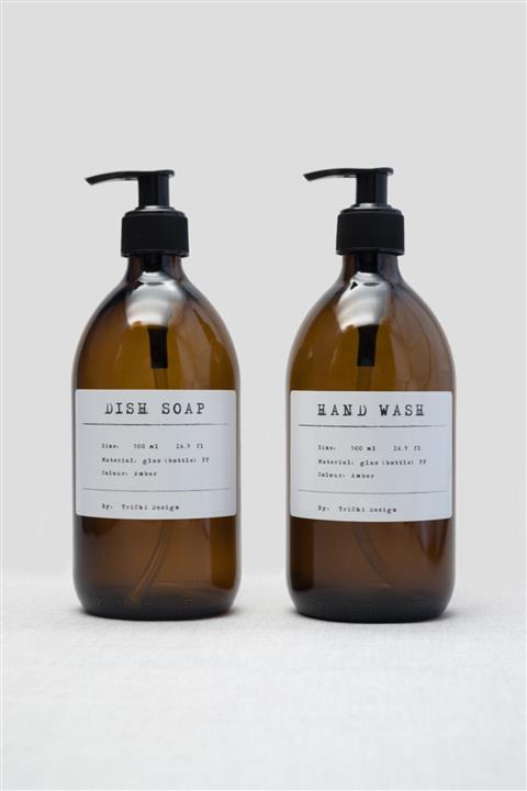 TriChi Design 500ml Amber Kahverengi Cam Sıvı Sabunluk Pp Beyaz Etiket Dish Soap, Hand Wash (2 ADET)