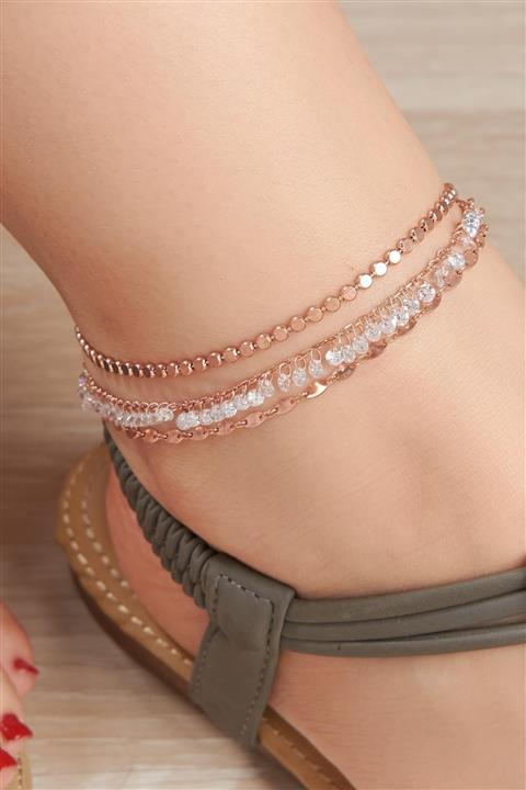Tmt Silver Gümüş Rose Beyaz Zirkon Taşlı Üç Sıralı Zincir Halhal