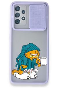 Samsung Galaxy A32 Kılıf Sürgülü Kamera Korumalı Lila Hd Baskılı Kılıf - Uykucu Garfield