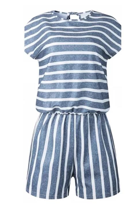 ELBİSENN Yeni Model Kadın Çizgili Keten Şort Tulum Mavi