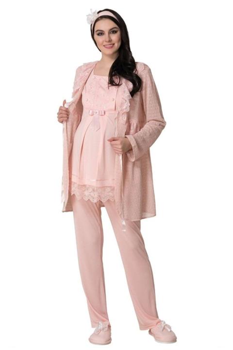 Şık Mecit Mecit 1603 Sabahlıklı Dantelli Pijama Takımı Saç Bandı Hediyeli