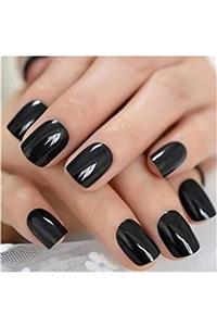 EDA LUXURY BEAUTY Siyah Takma Tırnak Lüks Parlak Sade Kısa Boy Kare Nail Art Yapıştırıcılı Set