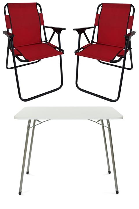 Bofigo 60x80 Beyaz Katlanır Masa + 2 Adet Katlanır Sandalye Kamp Seti Bahçe Takımı Kırmızı