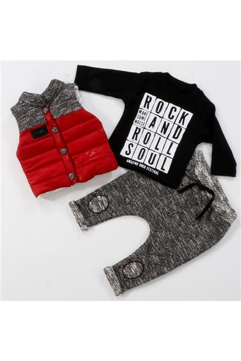 Hippıl Baby Unisex Bebek Kırmızı Rock Roll Lüx 3'lü Takım 60116
