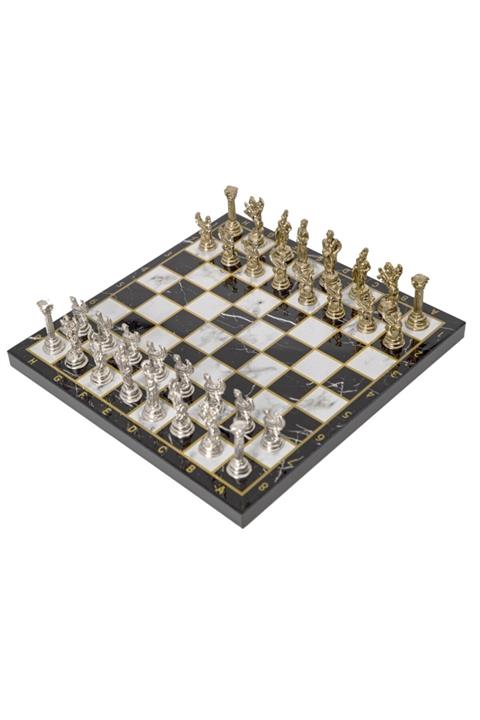 elife Lüks Metal Satranç Takımı Krom Kaplama Pegasus Atları & Siyah Mermer Desenli Tahta